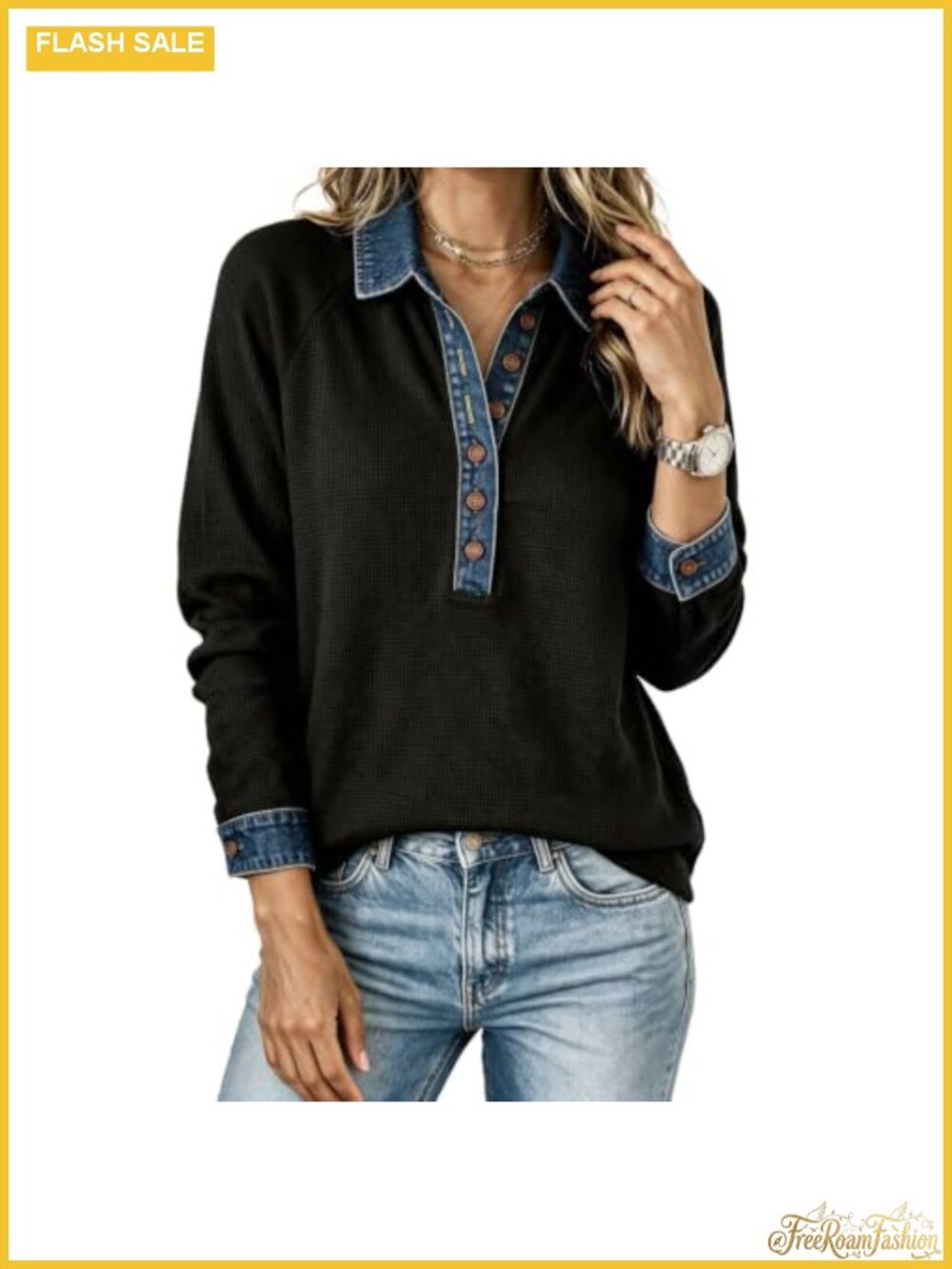 Womens Denim Patchwork Waffle Knit Long Sleeve Tunic Sweatshirt Pullover
